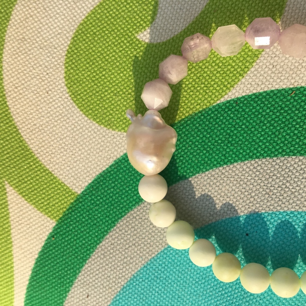 Baroque pearl, amethyst, ametrine, lemon chrysoprase stretch bracelet handmade - Picture 7 of 8